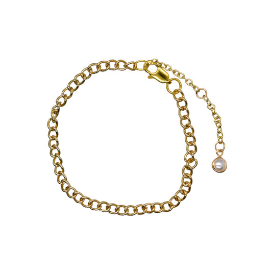 Bracelet Chain Classic Link Mini-Pearl Fob Shiny Gold